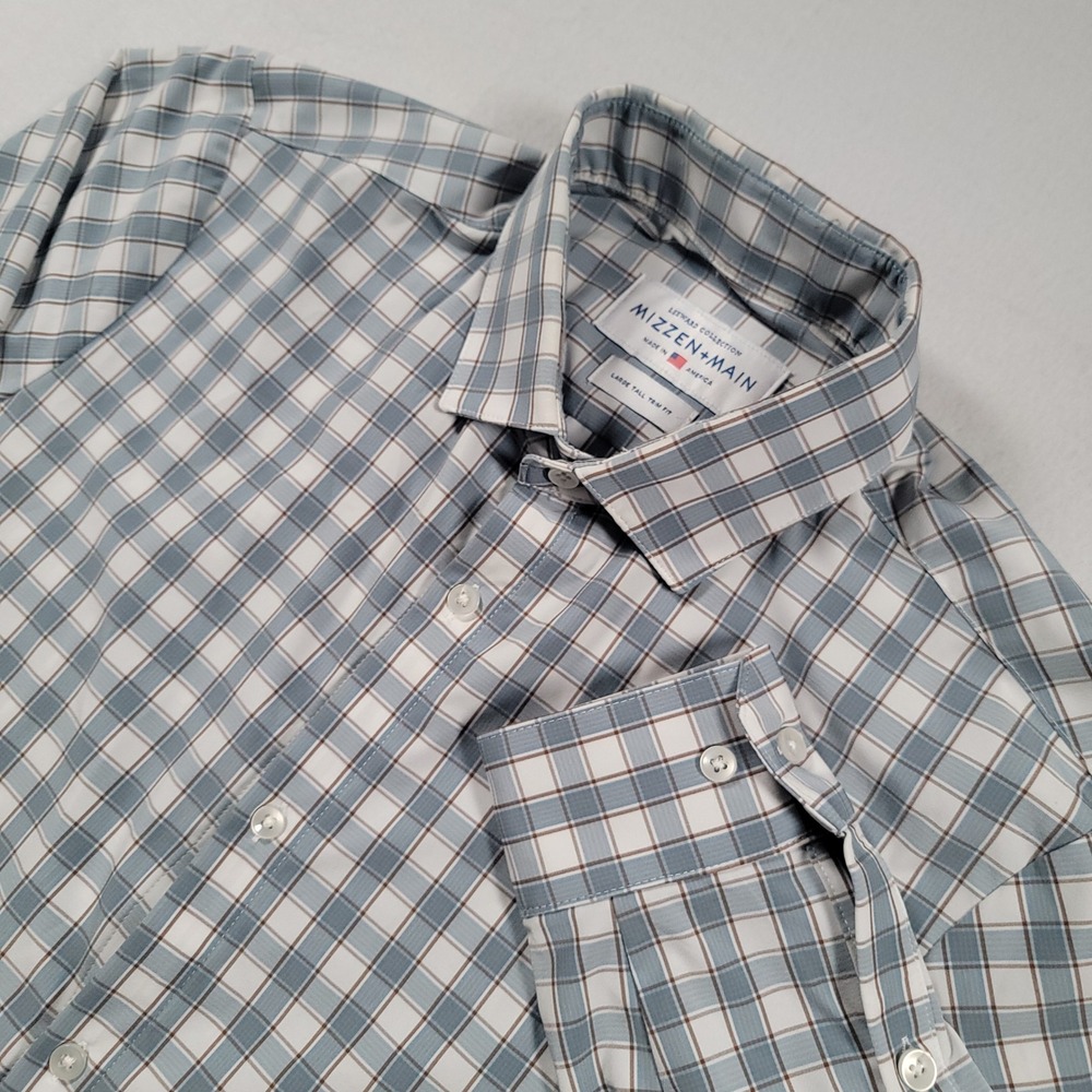 Mizzen+Main Leeward Shirt Mens Large Tall Blue Plaid Trim Performance Stretch